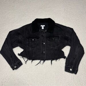 Forever 21 Women Black Denim Sherpa Collar Crop Jacket